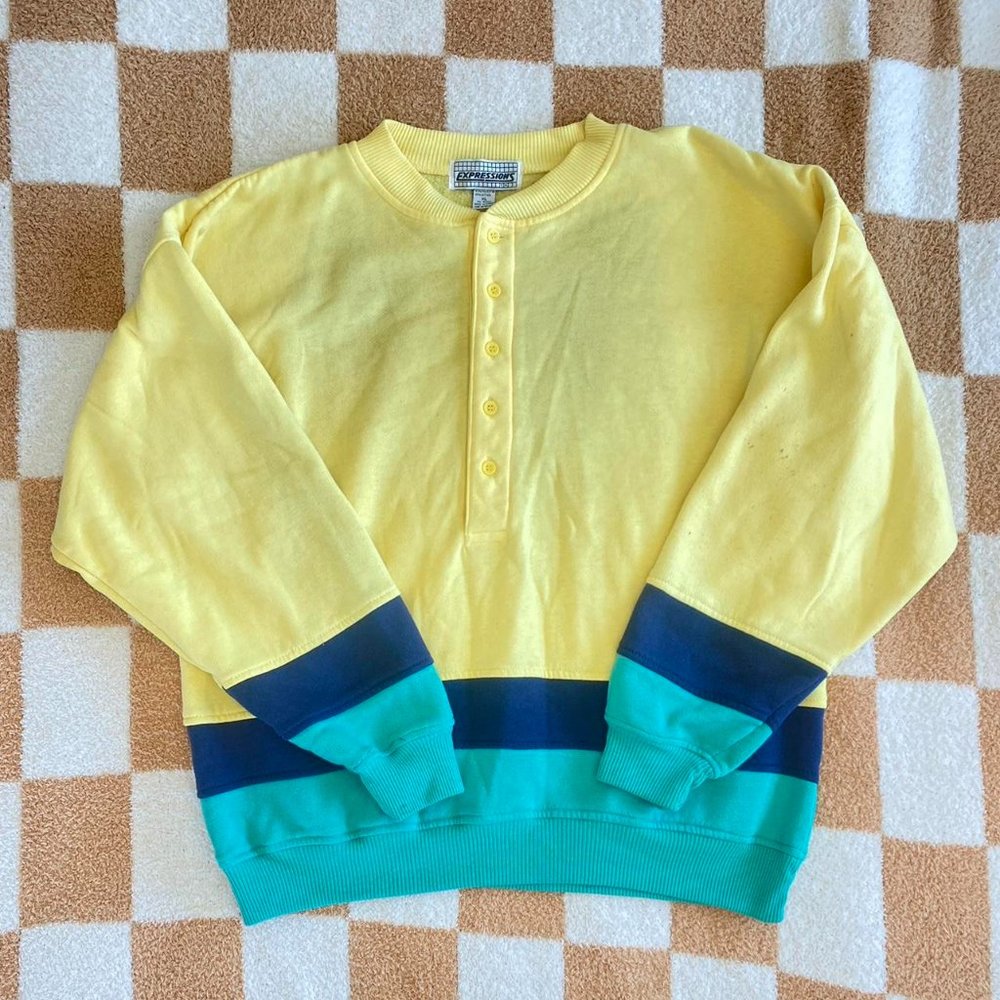 Expressions Retro Crewneck Button Up Sweater Yell… - image 1
